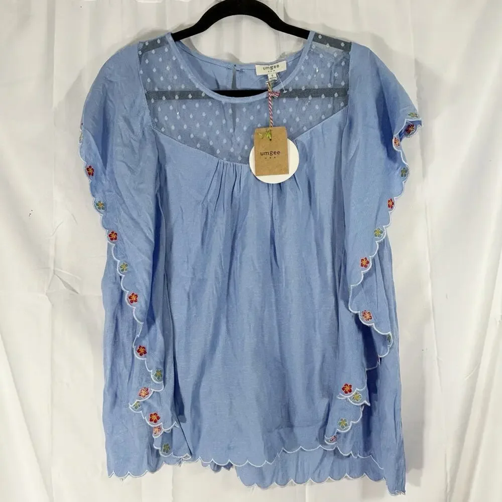 NWT Umgee Blue Floral Embroider Lace Collar Batwing Sleeve Boho Top Size Small - Picture 2 of 5